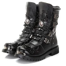 Militar del ejército de Los Hombres Botas de Invierno de Cuero Genuino partido de La Vaca Negro Gothic Metal Punk Zapatos Masculinos Botas de Motocicleta Botas Hombre
