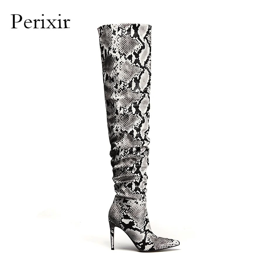 

Perixir Slouch Thigh High Boot Snake Skin Over the Knee Boots Sexy Super High Thin Heel Pleated Pointed Toe Botte Femme Talon