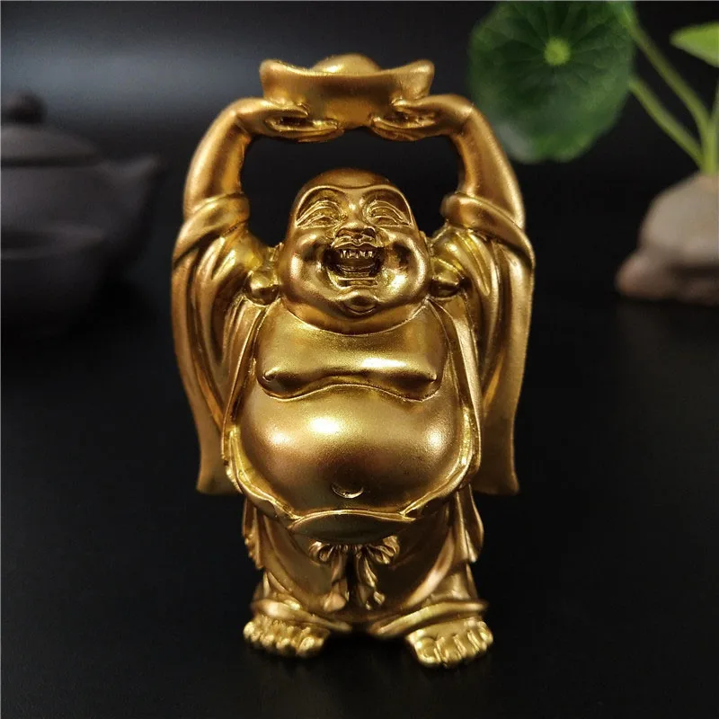 

Golden Chinese Feng Shui Laughing Buddha Statue Ornaments Money Maitreya Buddha Sculpture Garden Figurines For Home Decoration