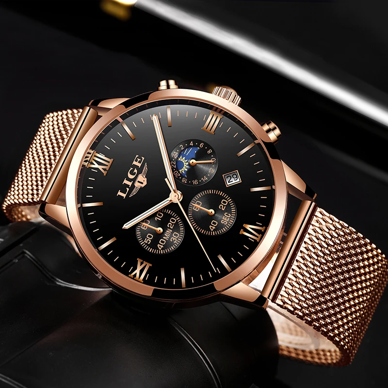 

LIGE Top Luxury Brand Ultra-thin Business Quartz Watch Men's Casual Mesh Steel Gold Waterproof Sport Watch Man Relogio Masculino
