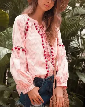 

2019 Summer Women Embroidery Patchwork Bohemian Shirt Casual V Neck Lantern Sleeve Top Spliced Stripe Cotton Loose Blouse