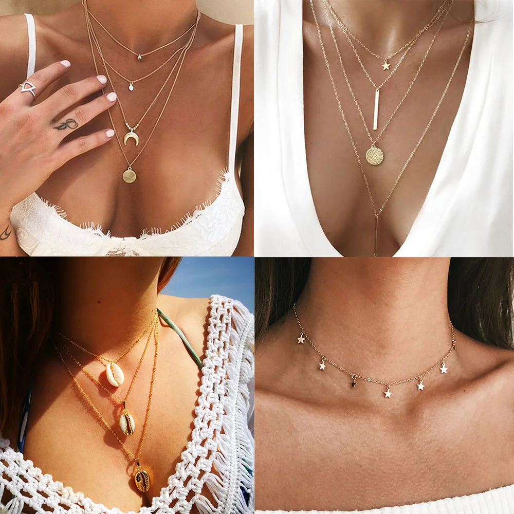 

Vintage Star Shell Multilayer Necklace for Women Kolye Fashion Layered Chain Necklaces & Pendants Boho Choker Collar Jewelry