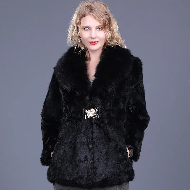 Buy 2017 New Fashion Rabbit Fur Coat with Fox Fur Collar Natural Color O neck
