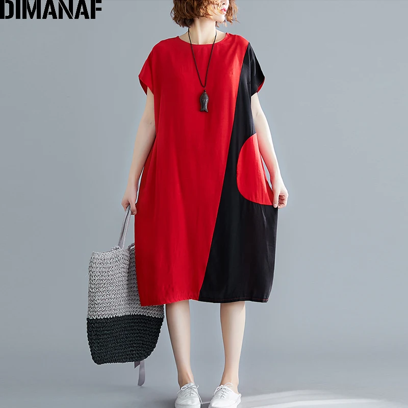 

DIMANAF Plus Size Women Dress Fashion Patchwork Female Lady Vestidos Loose Basic Dresses Summer Sundress Cotton Big Size Batwing