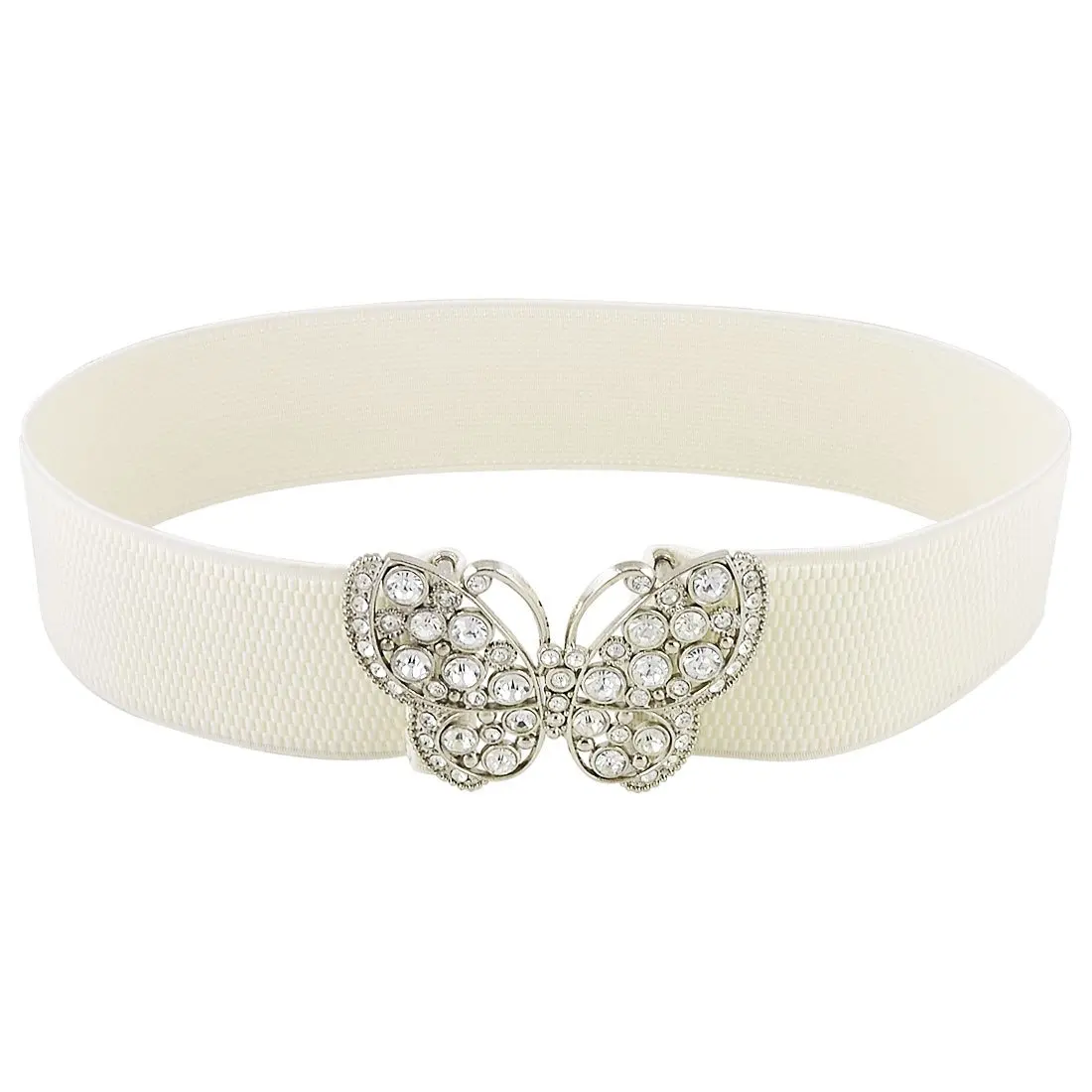 

Rhinestones Butterfly Hook Buckle Elastic Cinch Waist Belt White