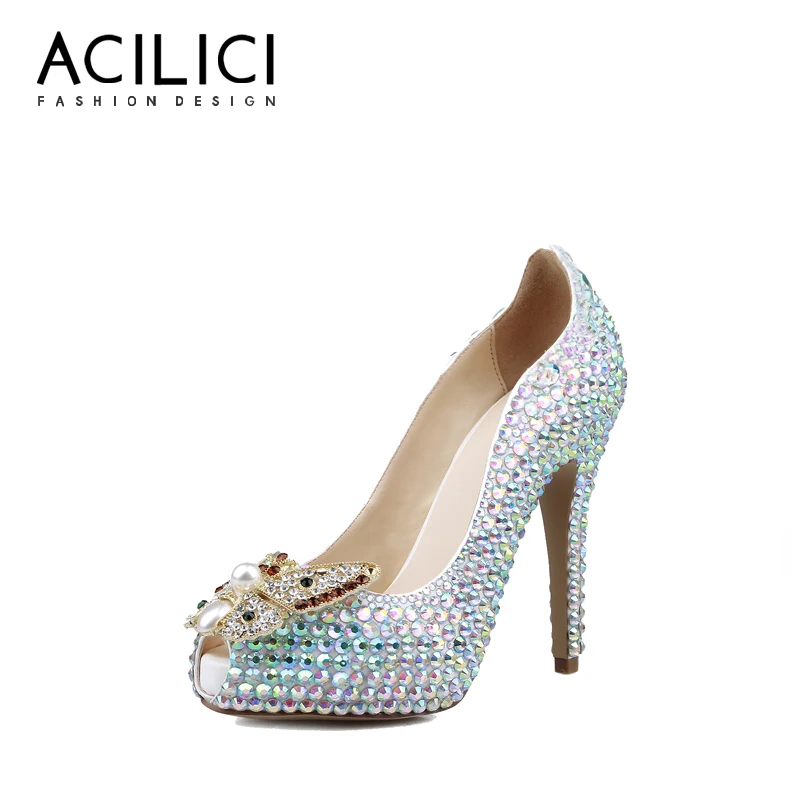 

Wedding Shoes Elegant Peep Toe Woman High Heel Crystal Pumps Fashion Stiletto Platform Casual Shoes