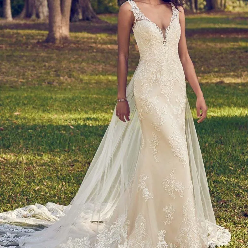 Illusion Mermaid V Neckline Sheath Wedding Dresses 2019