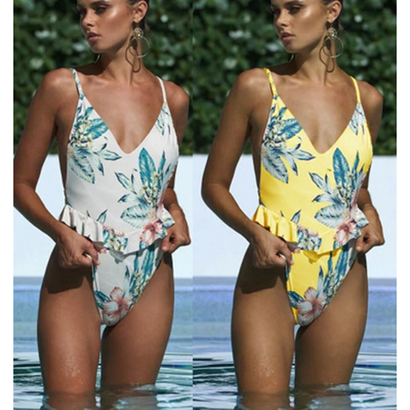 New Women Swimwear One Piece Swimsuit Retro White Yellow Print Ruffle Push Up Bathing Suit Female Sexy Beachwear Bodysuit | Спорт и