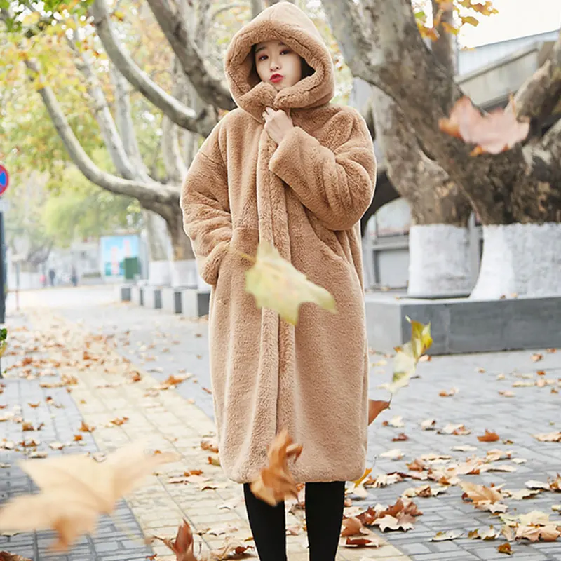 Зимнее женское меховое пальто однотонного цвета размера плюс, теплое длинное пальто из кроличьего меха, женская верхняя одежда с отворотом, брендовая Толстая куртка 402 - Цвет: Light tan