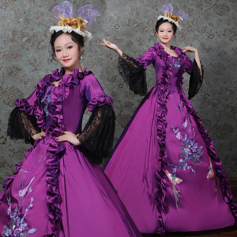 

Women European Court Costume Female Purple Lace Puff Long Sleeves Boat Neck Flowers Appliquc Ball Gown Patchwork Princess Dress