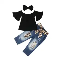 1-6Y модная черная футболка с открытыми плечами и расклешенными рукавами для маленьких девочек джинсовые штаны с леопардовым принтом рваные