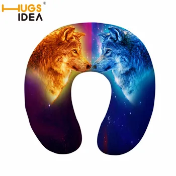 

HUGSIDEA U neck pillow travel Flight Car Pillow Inflatable Neck Rest Air Cushion Wolf Animal Printed U-Shape Pillow Memory Foam