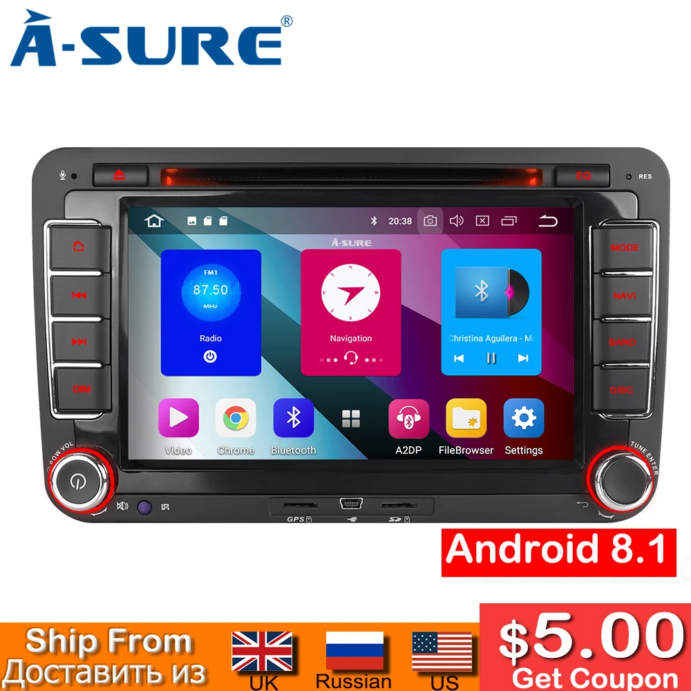 A-Sure 7 &quotAndroid 8 0 Автомагнитола Стерео DVD gps для Volkswagen VW Tiguan Polo Golf 5 6 Passat B6 Jetta Transporter T5