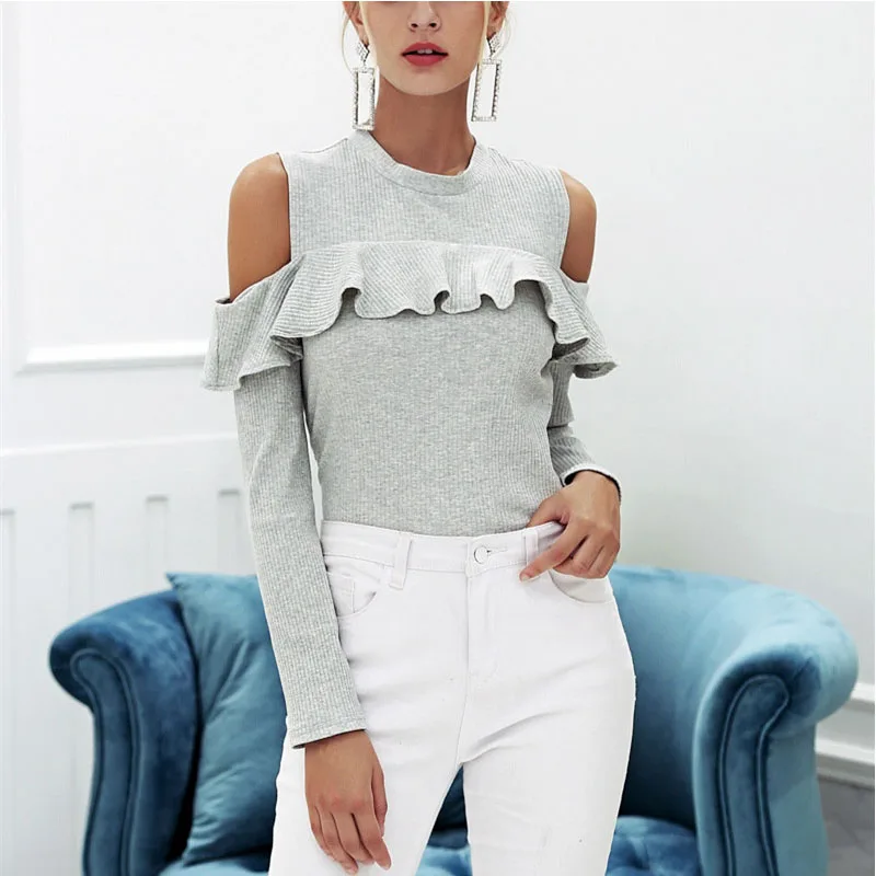 

Card shoulder female long sleeve sweater female sweet lotus leaf knit pullover sexy spring and autumn autumn solid color coat
