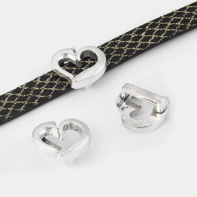 20 шт. античный серебряный ползунок в форме сердца разделитель для бусин для 10 мм плоский кожаный шнур ювелирные изделия аксессуары