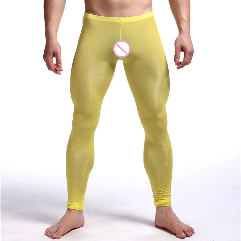 Sexy Men See-through Pants silky Tights Milk Fiber Leggings Trousers Long Johns Underwear U Convex Pocket Mens Wrestling Singlet