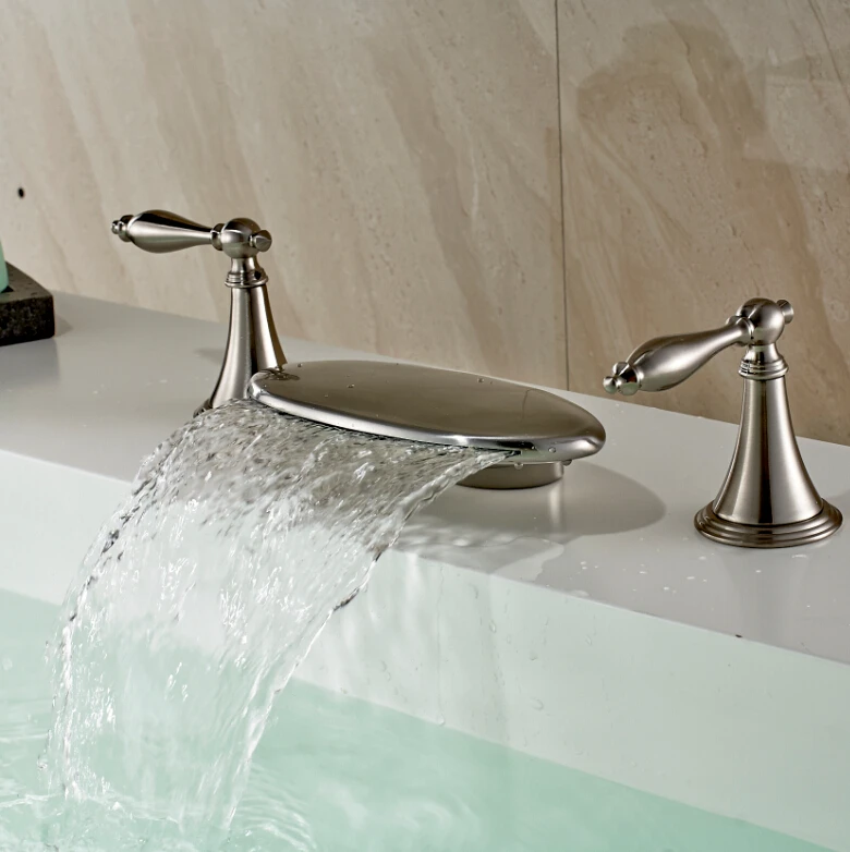 Luxury 3pcs Brushed Nickel Bathroom Sink Basin Faucet Dual Handles Waterfall Basin Sink Faucet Tap