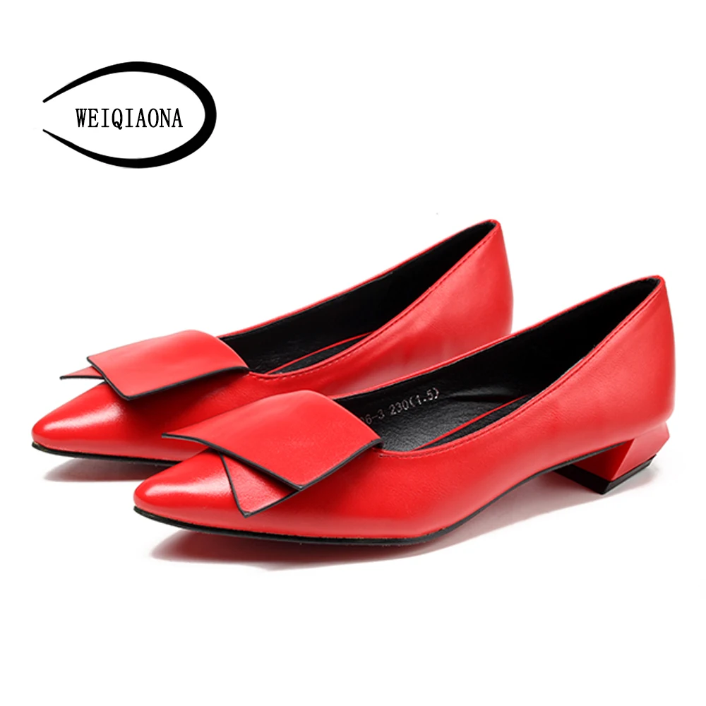 

WEIQIAONA Women four season OL elegant fashion brand single shoes shallow low heel Pointed toe pump lady shoes Red Wedding shoes