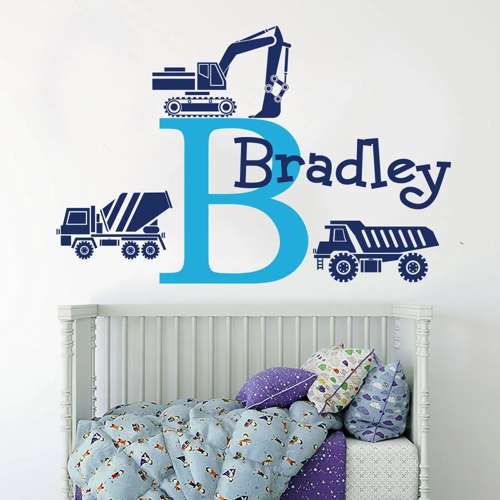 Custom Name Construction Truck Crane Wall Decal Boy Room Personalized Name Construction Vehicle Wall Sticker Play Room Vinyl Art (4)