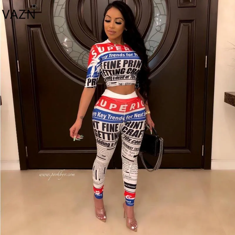 

VAZN 2019 Age Reduction Casual Style Popular Letter Short Sleeve Top Long Pants Elasticity Tracksuits Set For Women ARM8111