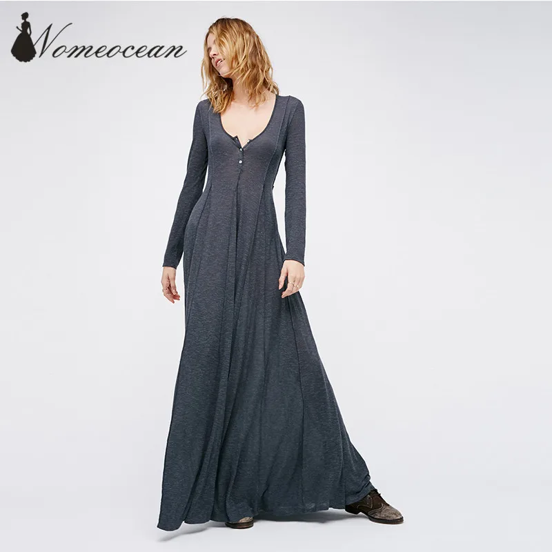 Low Cut Button up Collar Maxi Dresses Swing Sweep Solid Color Bohemian Women Dress 2017 Summer