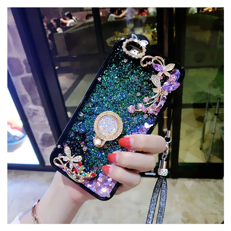 

For iPhoneX XS XR MAX 11 Pro MAX 6S 7 8 Plus Luxury Cute Rhinestone Diamond Ring Stand Butterfly Liquid Glitter Phone Case Cover