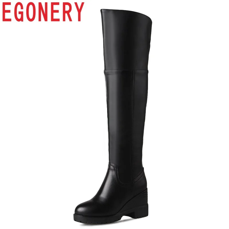 

EGONERY women shoes 2018 newest fashion concise genuine leather high wedges platform zipper black round toe over the knee boots