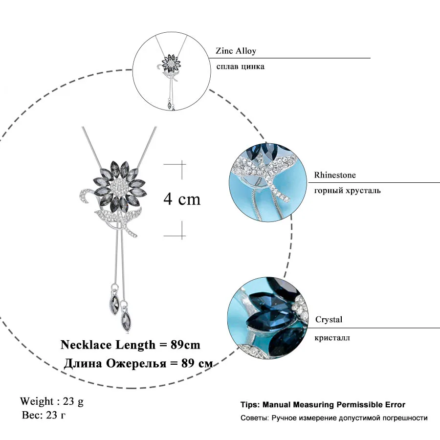 RAVIMOUR Подсолнух кристалл кулон ожерелье Женская мода синий Белый Стразы длинная Серебристая цепочка ожерелье s& Подвески Ювелирные изделия