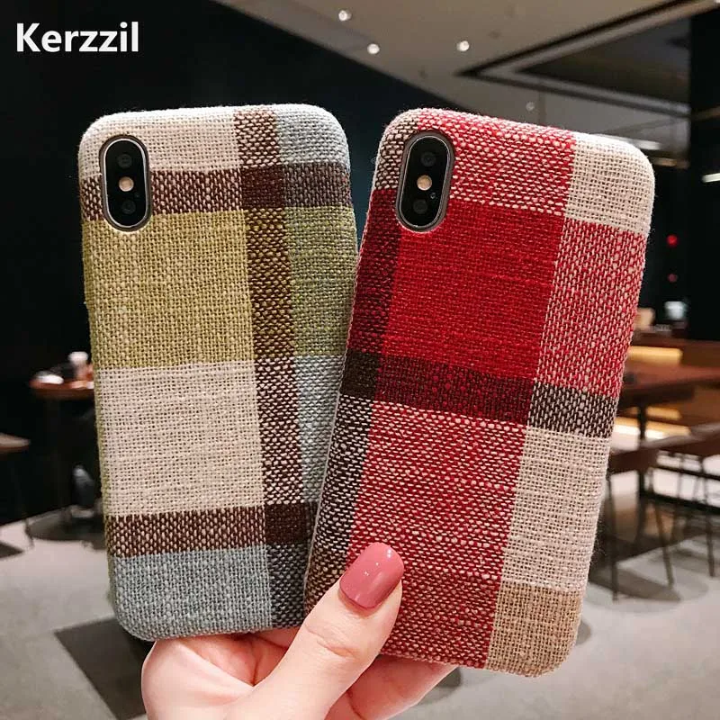 

Kerzzil Cloth Lattice Plaid Phone Cases for iPhone 7 8 6 6s Plus Scottish Linen Cotton Soft PU Cover for iPhone X XS Max XR Back
