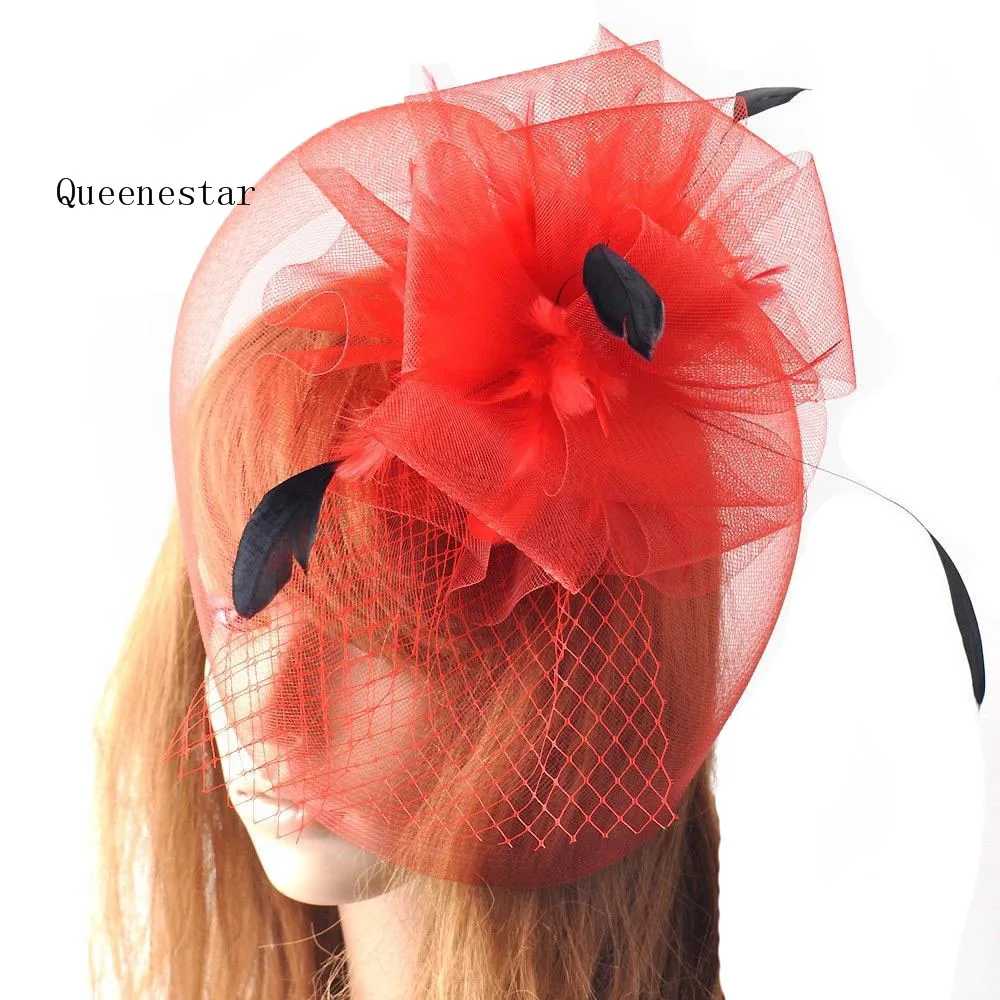 

Big Feather Bride Headwear For Wedding Facinator Hat Flower Gauze Feather Kentucky Derby Party Feather Hair Clip Mesh Headwear