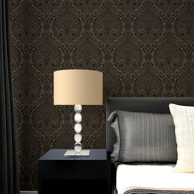 

Black Baroque Floral Silk Impression Cottage Ogee Zinc Shimmer Jaquard Damask Flocked Wallpaper 20" x 39" Roll