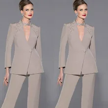 Новые Модные Элегантные Мать брючные костюмы невесты с длинным рукавом из двух частей глубокий v-образный вырез аппликации атласа индивидуальный заказ формальный костюм