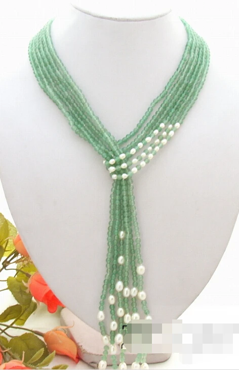 

HOT 003 394 3Strds 53" White Pearl&Round Aventurine Necklace