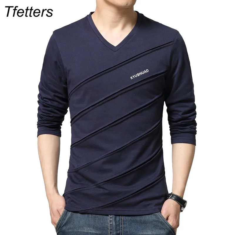 

TFETTERS Brand T Shirt Men Twill Design V-Collar Long Sleeve T-Shirt Plus Size T-shirt Slim Cotton Tops Tees Camisetas Male