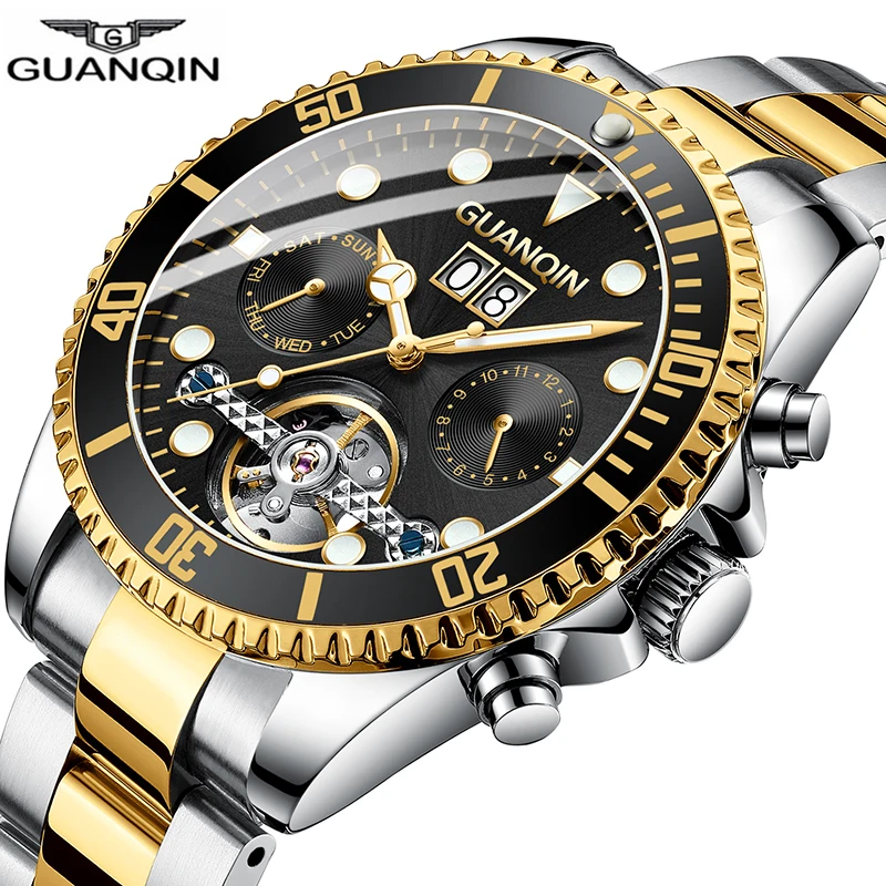 GUANQIN ساعات آلية الرجال للماء الهيكل العظمي توربيون التلقائية ووتش للماء اللون الأزرق الأخضر ووتش ساعة الرجال ساعة