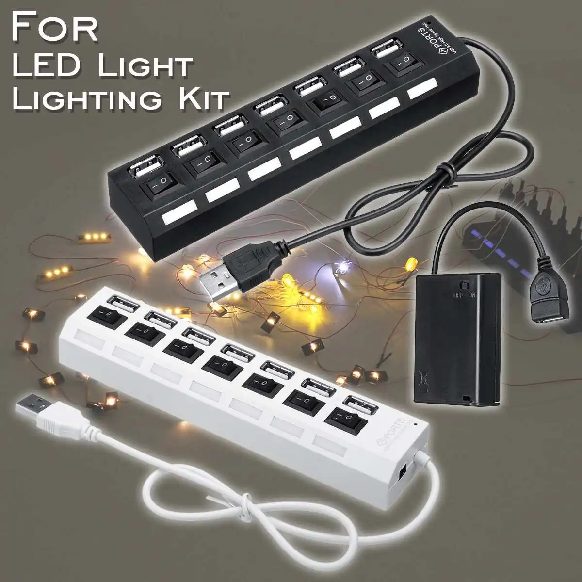 

7 Ports USB 2.0 HUB Splitter Switch USB Battery Box for LED Lighting Kit Installing for LEGO Lighting up Brick (without Battery)