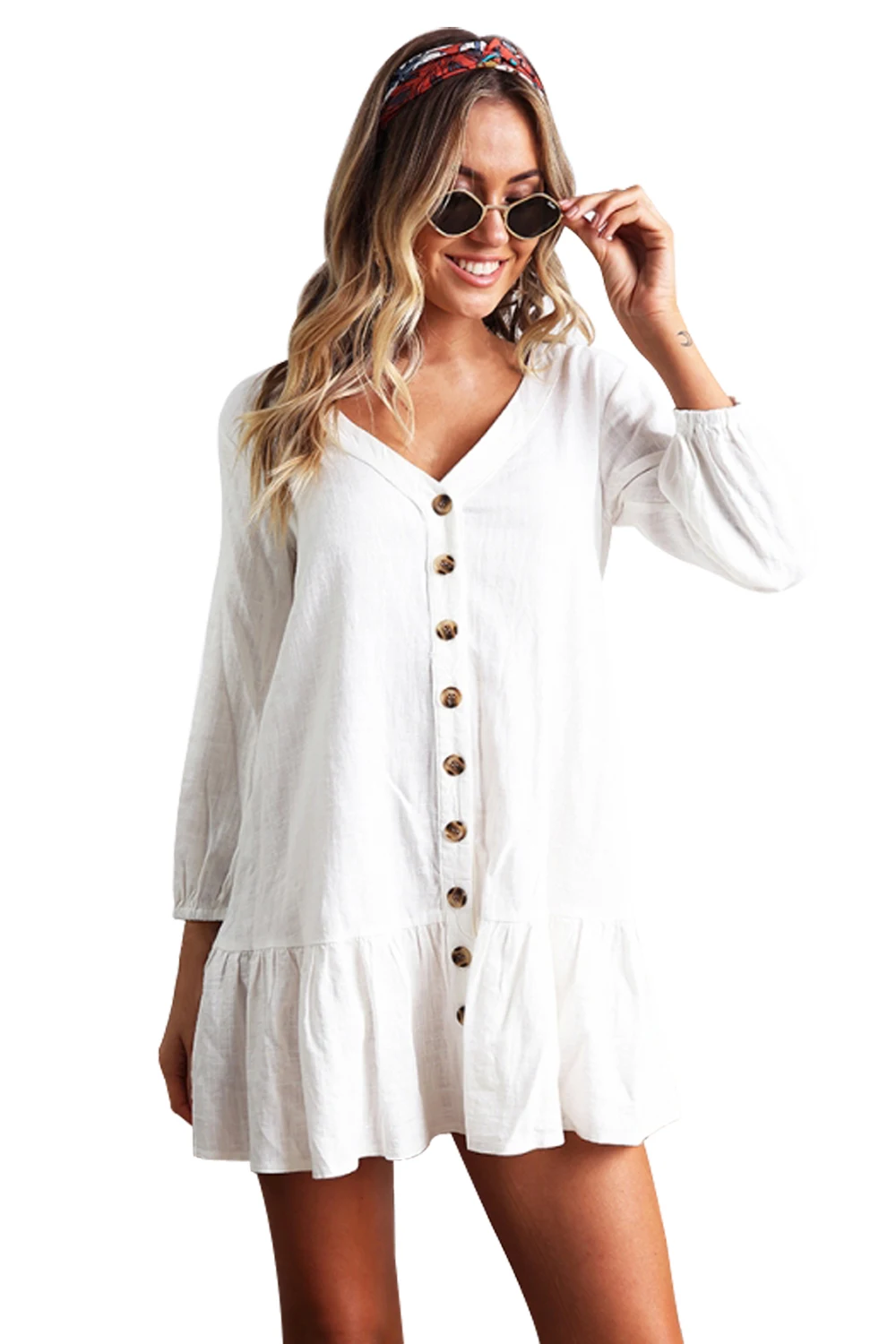 Sleeved-Button-Down-White-Casual-Short-Dress-LC220418-1-1