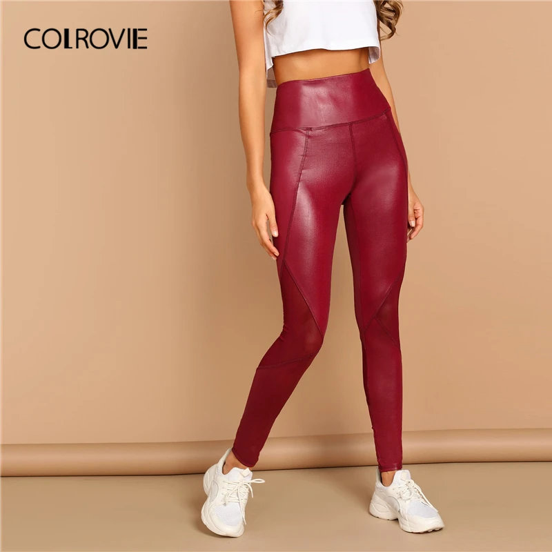 

COLROVIE Burgundy Solid Wide Waistband Mesh Sheer Women Leggings 2019 Spring Stretch Skinny Fashion Pants Female Casual Trousers