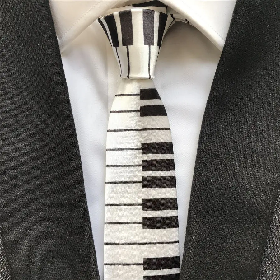 Men Classic Fashion Music Tie Black & White Piano Keyboard Necktie Skinny Tie 