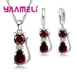 Elegant Sterling Silver Jewelry Set with Shimmering Crystal Cat Pendant and Huggie Earrings (Red)