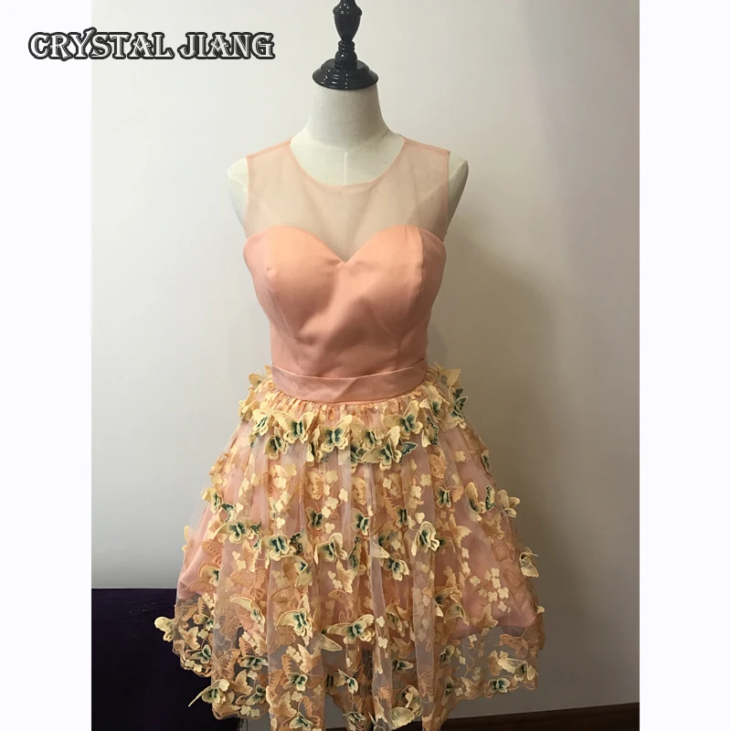 

2017 3D Butterfly Short Homecoming Dress Real Image Sleeveless Lace Formal Arabic Dresses
