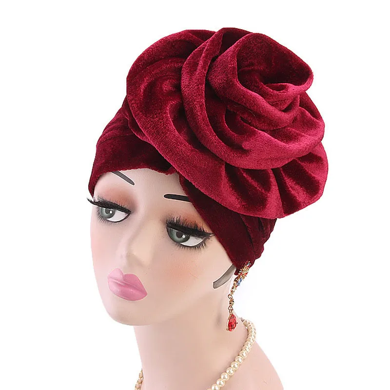 

New Women Bandanas Flower Decoration Turban Cap Headscarf Autumn Winter Velvet Muslim Hat Female Headwear Indian Hat Elegant