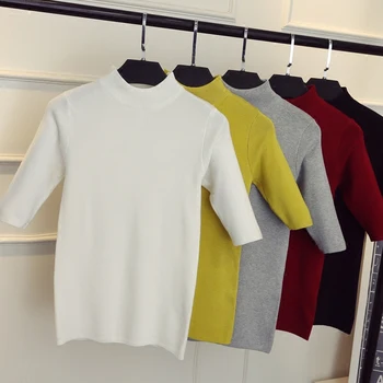 

2020 new spring Korean half sleeve shirt collar solid elastic thin sweater five Sleeve Sweater Girl