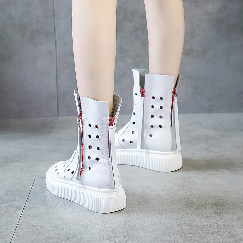 

Summer 2019 new women's shoes thick-soled platform leather hollow cave shoes white high-heeled womens boots tide Yasilaiya