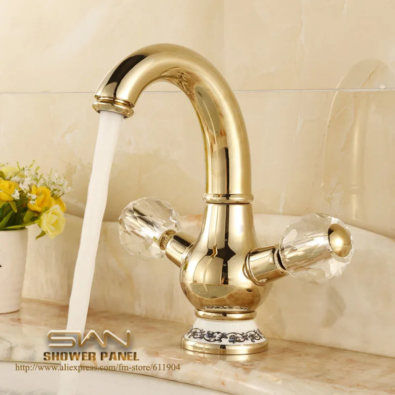 Gold Color Brass Bathroom Faucet Lavatory Vessel Sink Basin Faucets