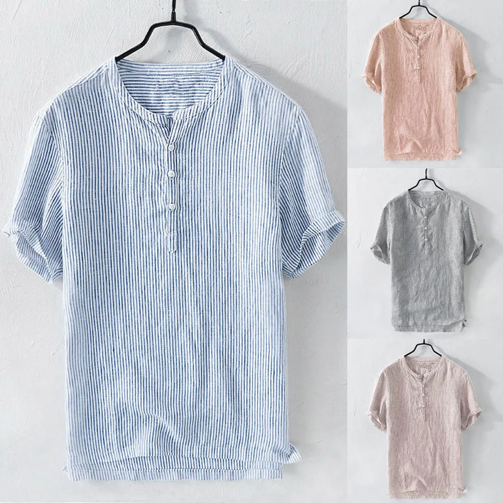 

Summer Men's Cool Thin Breathable Stripe Button Cotton Shirt Short Sleeve M-3XL Classic fashion personality