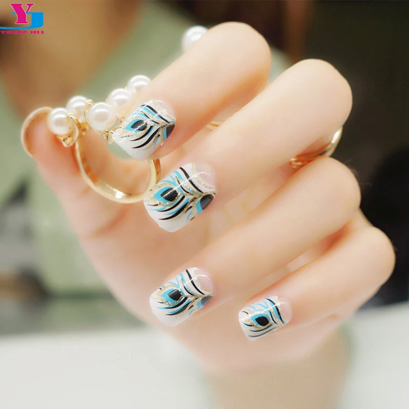 

New Feather Glitter Fake Nail Tips Press On Faux Ongles French Manicure Gold Art Metallic False Nails Sticker Unhas Artificiais