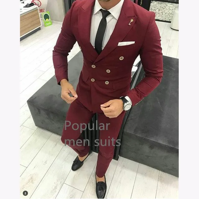 

2 Pieces Wine Red Suits 2018 Elegant Double Breasted Men Suits For Work Wear Formal Prom Suits Groom Wedding Set(Coat+Pants+Tie)