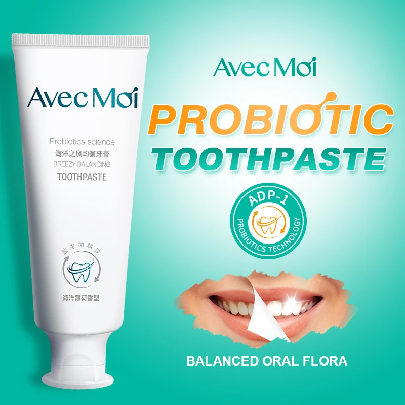 

Avec Moi Probiotics Toothpaste, Aquatic Mint Flavor, Antibacterial Toothpaste, Lasting Fresh Breeze, Effective Teeth Whitening