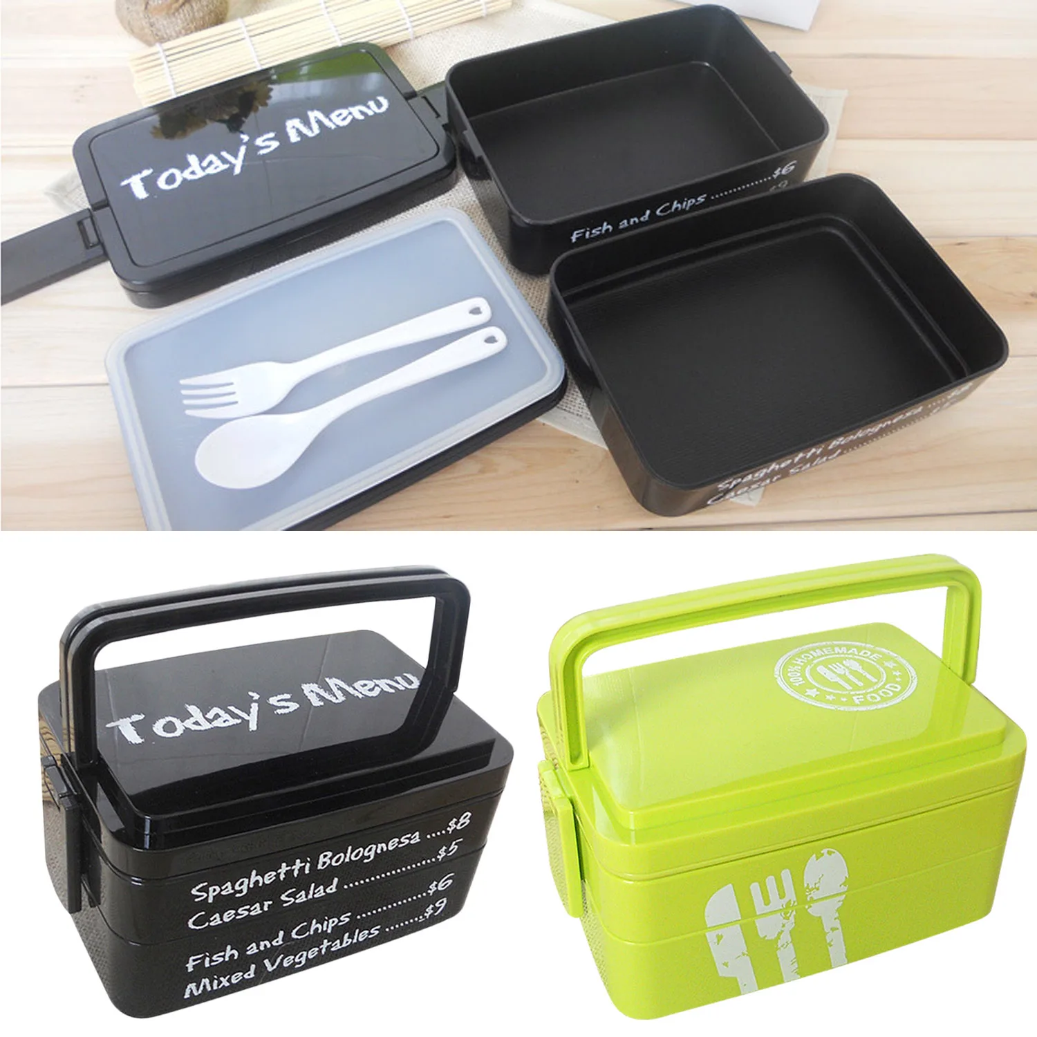 

Behogar 1900ML Large Capacity Two-tier PP Portable Food Container Lunch Box with Spoon Fork for Child Woman School Office Travel